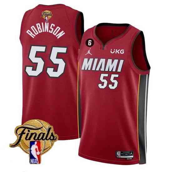 Men Miami Heat 55 Duncan Robinson Red 2023 Finals Statement Edition With NO 6 Patch Stitched Basketball Jersey